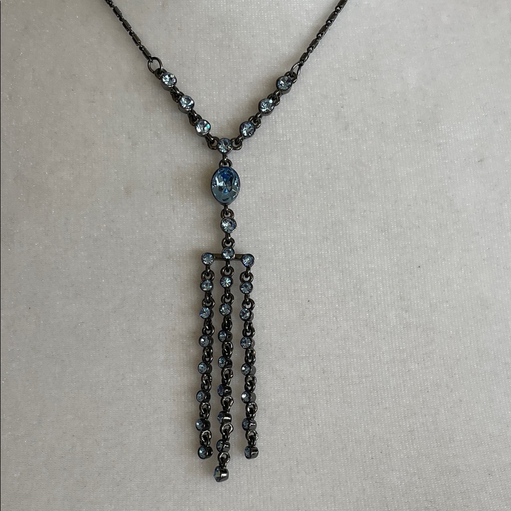GIVENCHY Silver Gunmetal Necklace Y Drop Blue Crystals Vintage